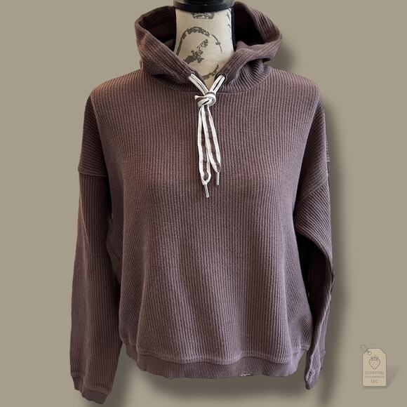 Aerie 100% Cotton Ribbed Knit Hoodie Brown Taupe S Cozy Fall Neutral - Picture 1 of 8